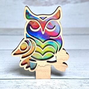 Handmade Wooden Owl Night Light Rainbow Stained Glass Effect Plug In